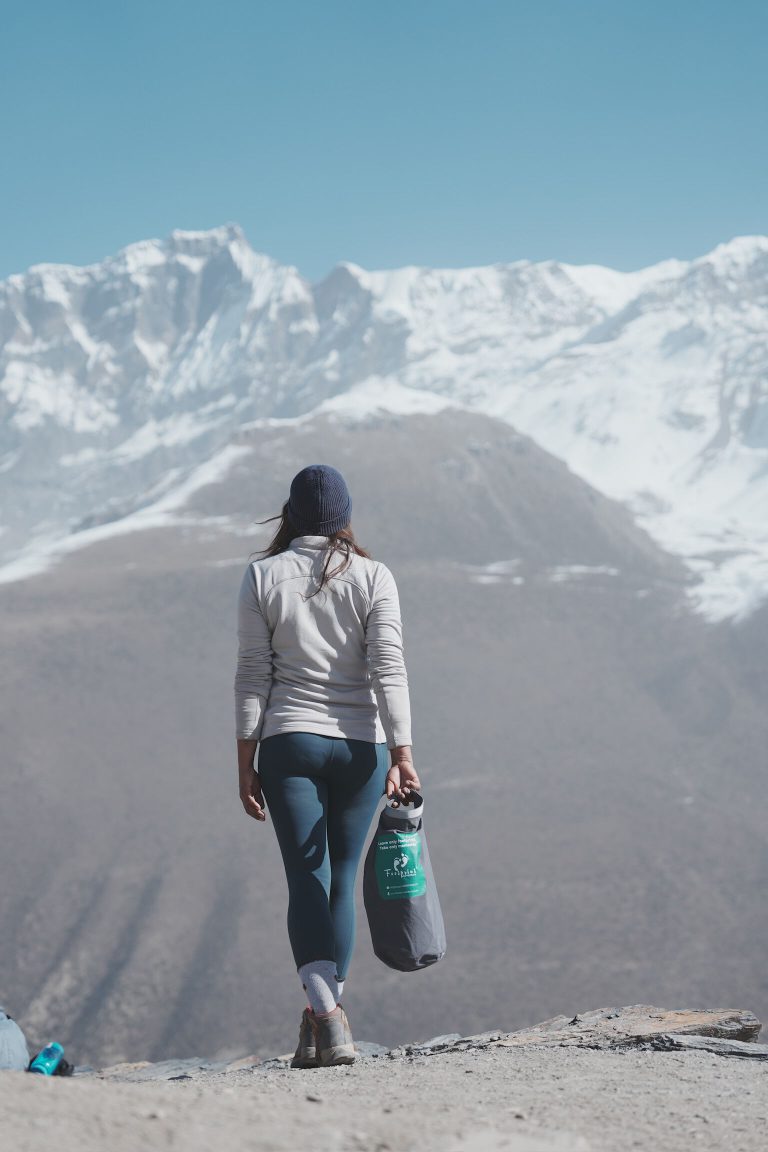 Trekker facing snow peaks