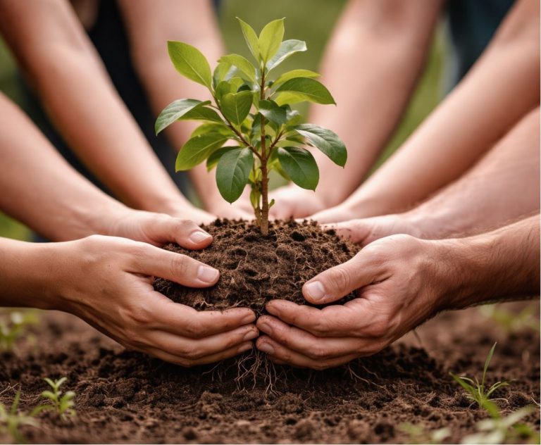 Hands planting a sapling